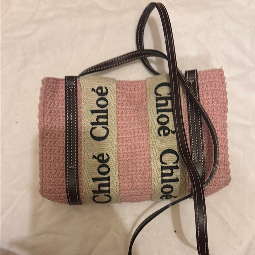 Chloe Pink Crossbody Bag with Logo Pattern and Leather Trim